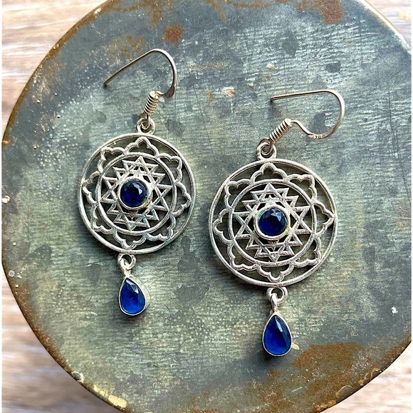 Silver 925 Blue Topaz Spiritual Mandala Dangle Drop 2” Pierced Earrings - Picture 5 of 8